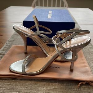 NWT Authentic Stuart Weitzman Merida Silver Leather 3.5inch heels.